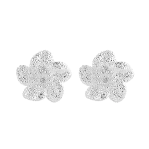 French retro silver flower studs with sparkling textured petals and central bud detail