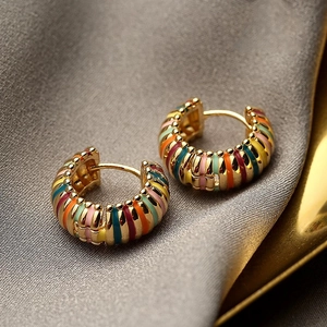 Boucles d'oreilles Créoles En Émail À Rayures Arc-en-ciel Laiton Plqué Or 18K Rétro Géométrique Mode Pour Femmes