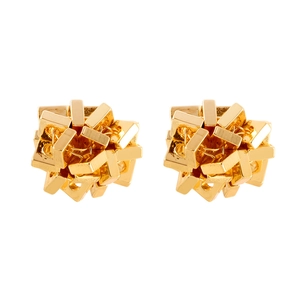 Golden irregular geometric cluster stud earrings with polished rectangular architecture design