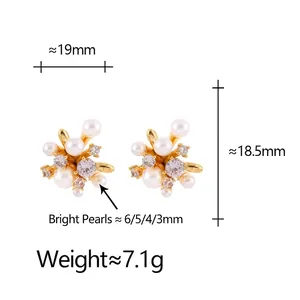 Niche irregular cluster stud earrings with lustrous pearls and cubic zirconia stones