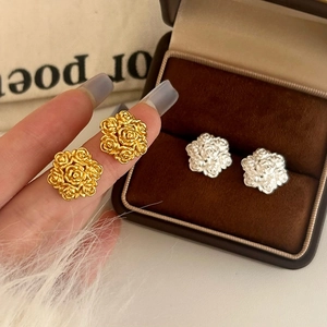 Rose Flower Stud Earrings Intricate Carved Floral Cluster Copper Earrings With Copper Earring Post Elegant Korean Jewelry For Women