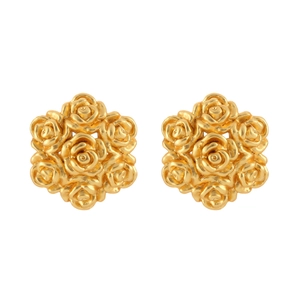 Elegant gold rose cluster stud earrings with detailed petal texture on white background