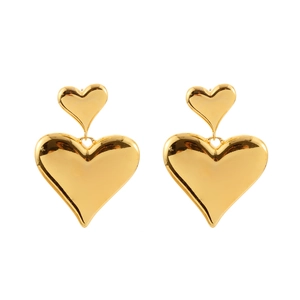 Minimalist double heart dangle earrings in polished gold for women, elegant jewelry