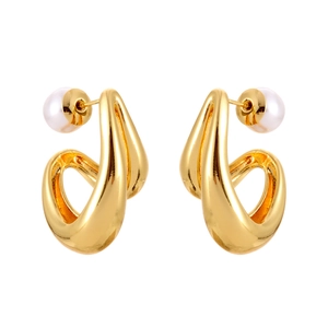 Elegant gold geometric curved stud earrings with white pearls in a minimalist design