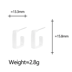 Technical drawing showing 13.3mm width and 15.8mm height of white geometric earrings