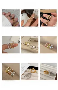 Collection of minimalist gold and silver rings with zircon leaf and pearl details