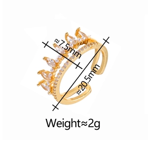 Detailed view of gold crown open ring with cubic zirconia and pearls sizing specifications