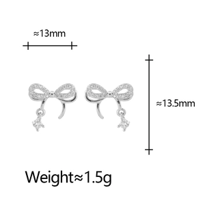 Exquisite silver bow earrings with micro-set zircon and square crystal pendants