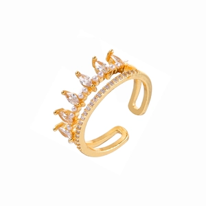 Elegant gold crown open ring featuring marquise zircons and white faux pearls decor