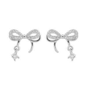 Elegant silver bow earrings featuring sparkling zircon pave and square dangling crystals