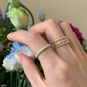 Elegant Artificial Pearl Cubic Zirconia Open Ring Adjustable Dual Row Luxury Fashion Jewelry For Women French Vintage Style