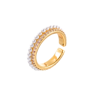 Elegant gold double-row open ring with white pearls and sparkling zircon accents