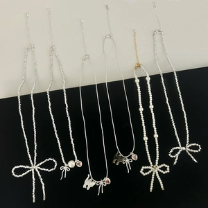 Bowknot Pendant Necklace Copper Silver Plated Faux Artificial Pearl Heart Cat Charm Sweet Versatile Clavicle Chain For Women