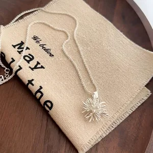 Close-up of a silver fireworks pendant necklace with zircon and twisted rope chain detail
