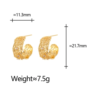 Lace hollow C-shape gold earrings with white cubic zirconia accents and size specs