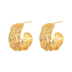 Elegant gold French lace C-shape earrings with zircon stones on white background