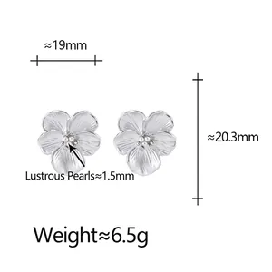 Elegant floral silver studs with premium pearls, showing dimensions and texture details