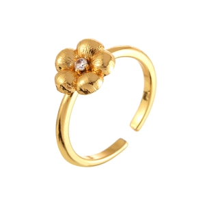 Elegant adjustable gold flower ring with zircon stone and striped petal design