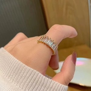 Elegant gold baguette-cut zircon eternity ring for women, luxury minimalist jewelry design