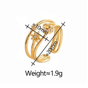 Detail showing gold celestial three-layer open ring dimensions and star moon design