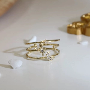 Minimalist triple-layer gold ring with micro-pave star and moon charms for women