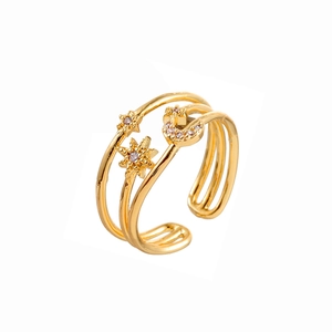 Three-layer gold star and moon open ring with sparkling cubic zirconia pavé setting