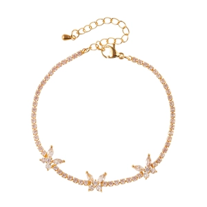 Elegant gold-plated tennis bracelet with three sparkling cubic zirconia butterfly charms