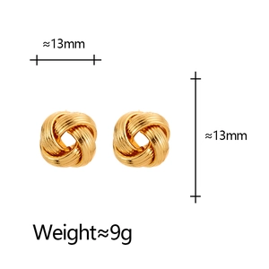 Minimalist golden twisted knot earrings featuring brushed metal texture and compact design