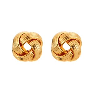 Elegant gold twisted knot stud earrings with textured vertical stripes on white background