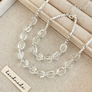 Elegant silver coffee bean bead and faceted crystal necklace and bracelet jewelry set