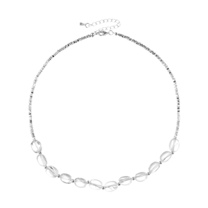 Detail showing transparent coffee bean beads with silver spacers and a shiny metal chain