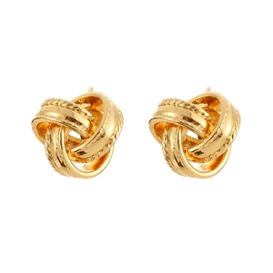 Minimalist gold-finished twisted knot stud earrings with woven texture on white background