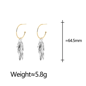 Silver leaf tassel earrings with gold hoop hooks measuring 64.5mm in length