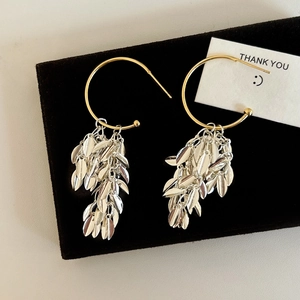 Leaf Tassel Drop Earrings Two Tone Gold Silver Plated Copper Hoop For Women Bohemian Dangle Jewelry Fashion Niche