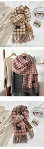 Detail of plaid scarf with tassels showing elegant fabric texture and brand label