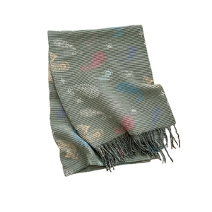 Sage green paisley cashmere scarf with bohemian patterns and twisted tassel fringes