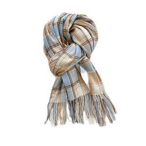 Classic plaid scarf in light blue and beige with fringes for winter fashion