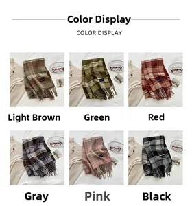 Grid display of thick plaid scarves with tassels in six autumn colors on soft fabric