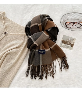 Close-up of classic plaid scarf with soft tassels and elegant fabric label detail