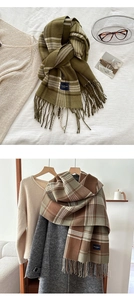 Detailed view of plaid tassel scarves in green and brown tones with soft fringe texture