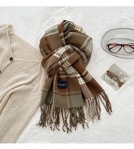 Detail of vintage brown-green plaid scarf texture with tassel edges and woven label