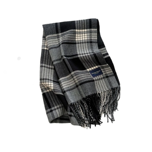 Classic black and white plaid cashmere scarf with soft fringe tassels for autumn