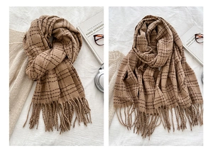 Detail of plaid winter scarf with tassel fringe in classic camel and brown color tones