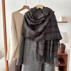 Winter plaid tassel scarf in dark coffee brown paired with a textured grey wool coat