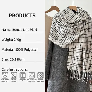 Winter plaid scarf with fringe, 100% polyester, cream and grey check, 65x180cm wrap