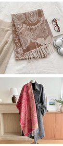 Close-up of paisley jacquard pattern and fringe details on soft cashmere-like shawls