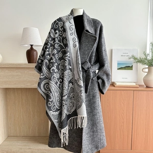 Dark grey wool coat with paisley cashmere jacquard shawl and elegant fringed edges