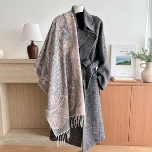 Grey and pink paisley cashmere-feel jacquard shawl with white tassels for winter wear