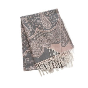 Gray and pink paisley jacquard shawl with fringe tassels for winter warmth