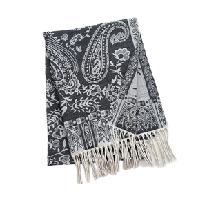 Ethnic paisley pattern shawl with black and white tassels for autumn and winter style